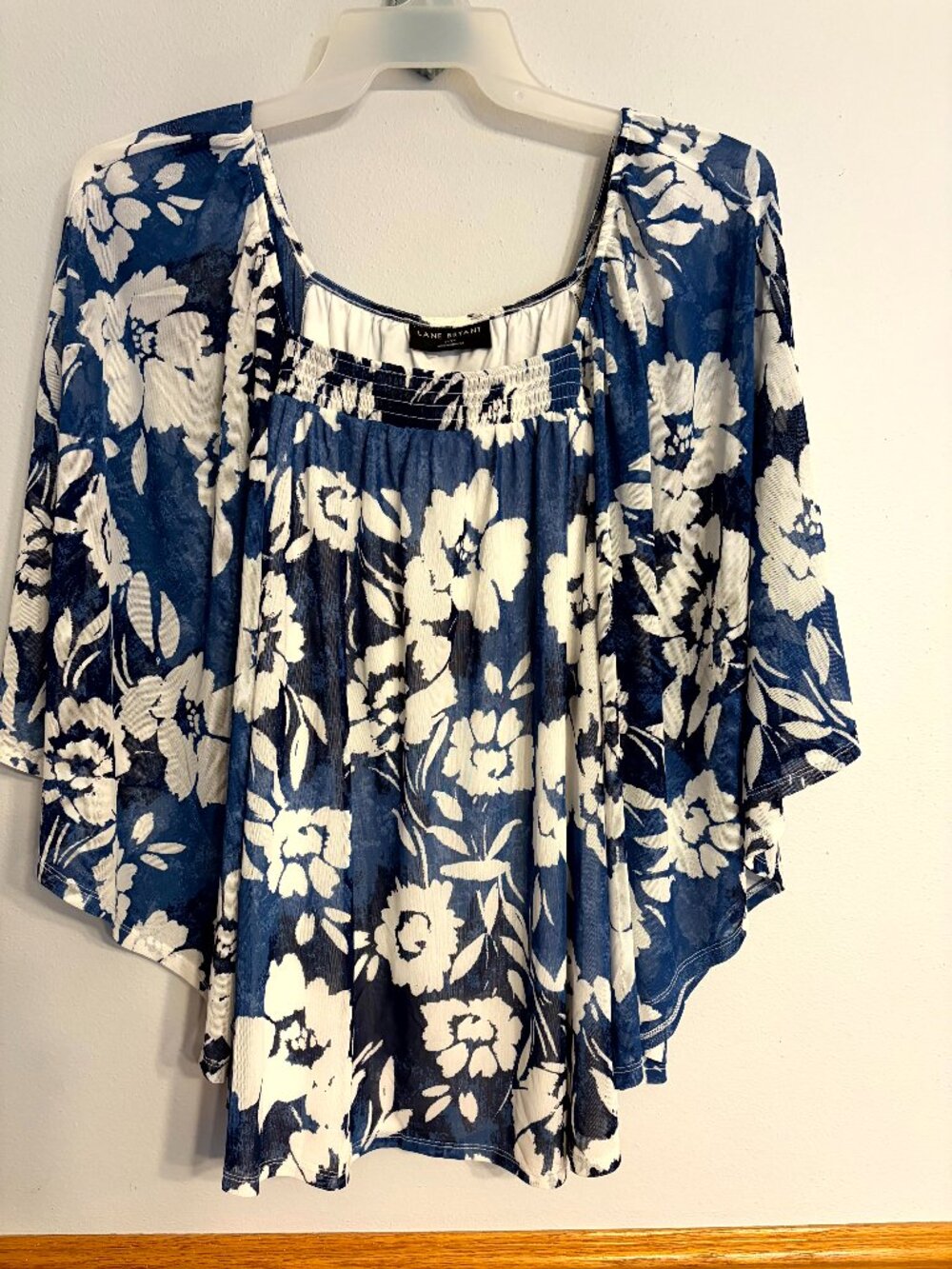 Lane Bryant 22/24 Floral Layered Blouse Navy Blue White 3/4 Sleeve Plus Size Top